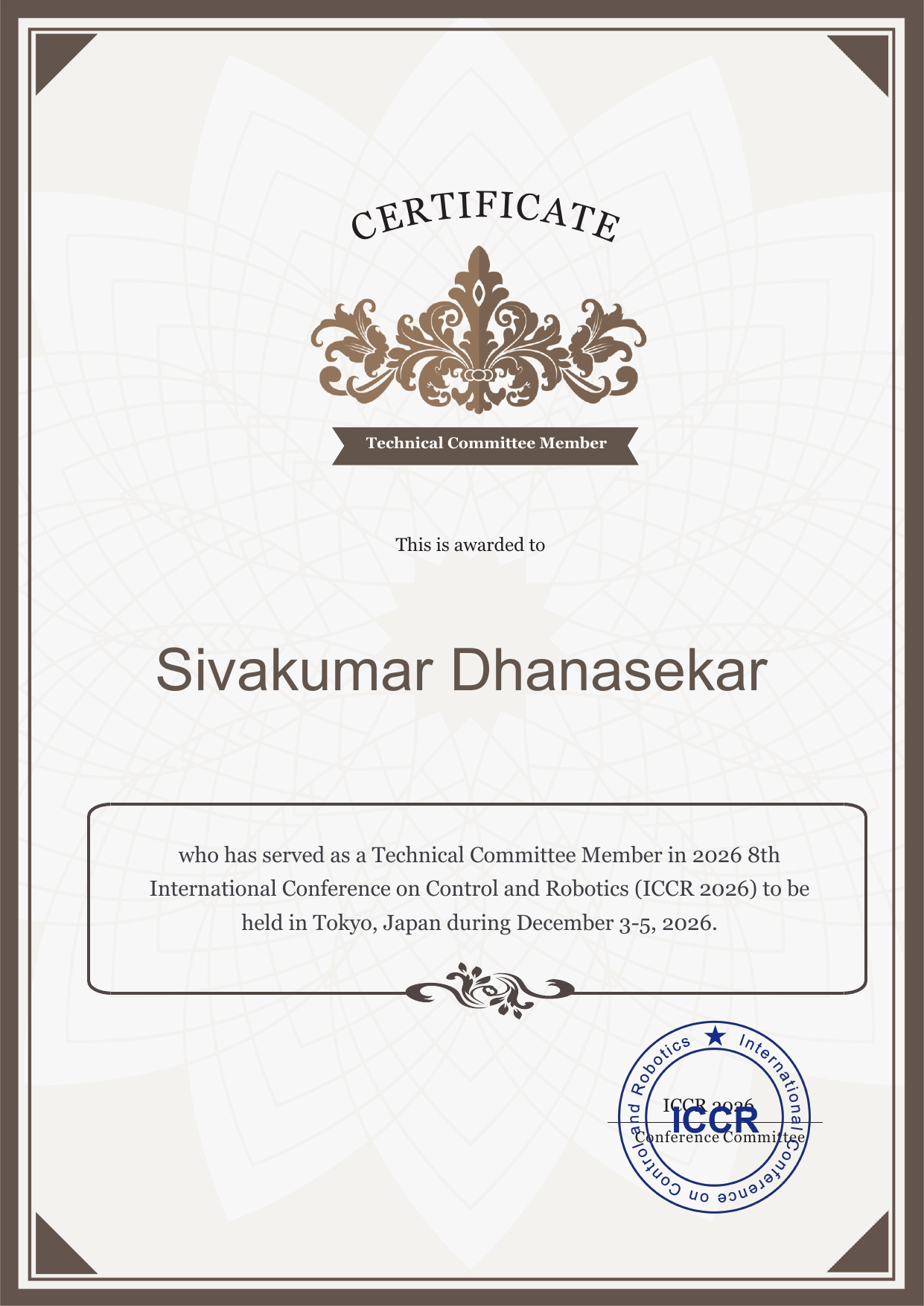 ICCR technical program committee certificate preview